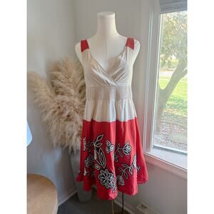 Anthropologie Lithe Embroidered Floral Dress Size 4 Red Retro 70s Pinup